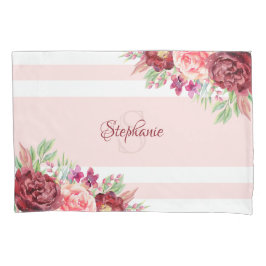 Burgundy Blush Floral Stripes Monogramm Name Kissenbezug