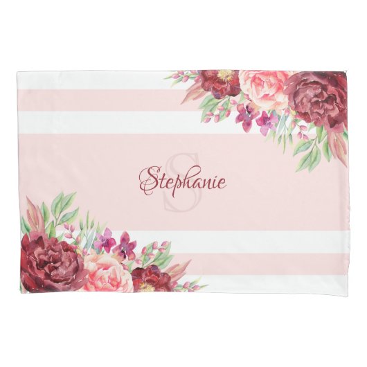 Burgundy Blush Floral Stripes Monogramm Name Kissenbezug (Vorderseite)