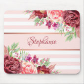 Burgundy Blush Floral Stripes Monogramm Name Mousepad (Vorne)