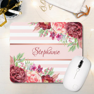 Burgundy Blush Floral Stripes Monogramm Name Mousepad