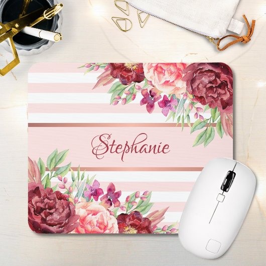 Burgundy Blush Floral Stripes Monogramm Name Mousepad