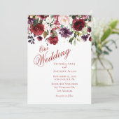 Burgundy Blush Floral Watercolor Script Wedding Einladung (Stehend Vorderseite)