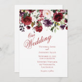 Burgundy Blush Floral Watercolor Script Wedding Einladung (Vorne/Hinten)