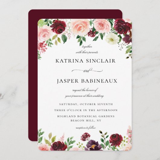 Burgundy Blush Floral Wedding Einladung (Vorne/Hinten)