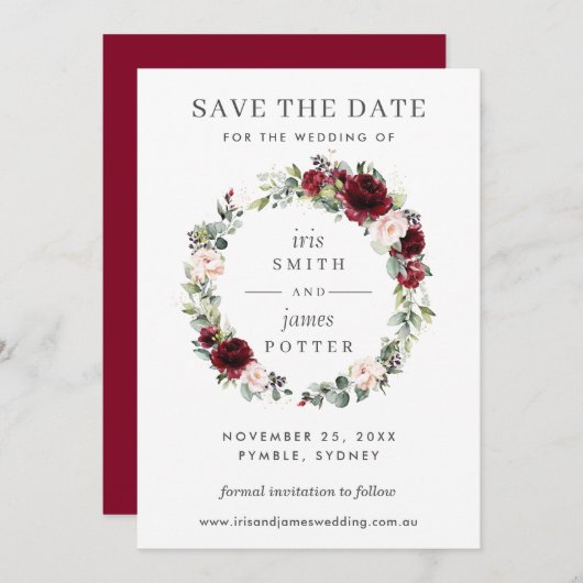 Burgundy Blush Floral Wedding Save the Date Card Einladung (Vorne/Hinten)