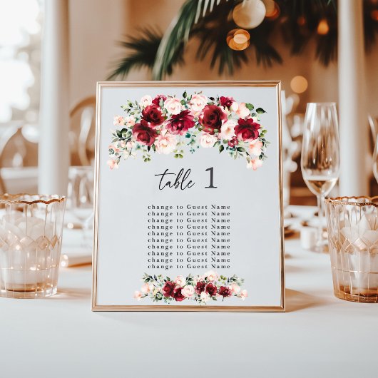 Burgundy Blush Floral Wedding Table Seating Chart