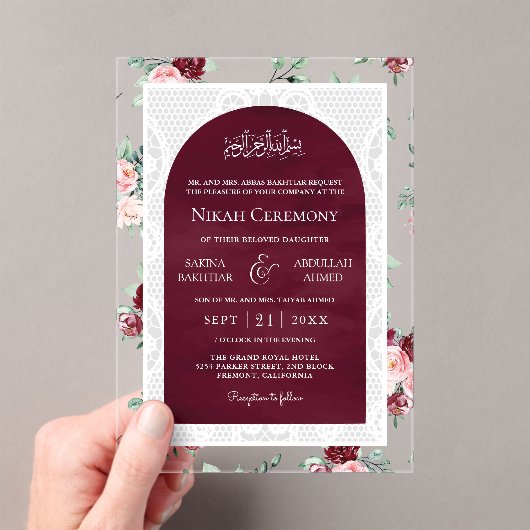Burgundy Blush Floral White Lace Muslim Wedding Acryleinladungen (Insitu (Handheld))