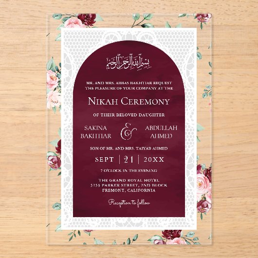 Burgundy Blush Floral White Lace Muslim Wedding Acryleinladungen (Vorderseite)
