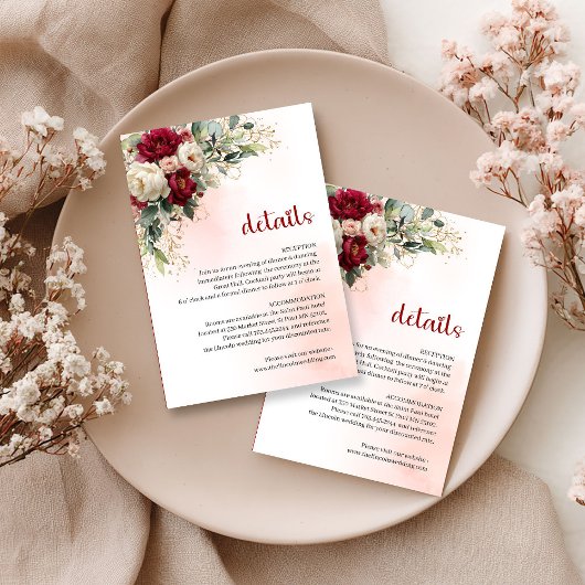Burgundy blush flowers gold border wedding details begleitkarte