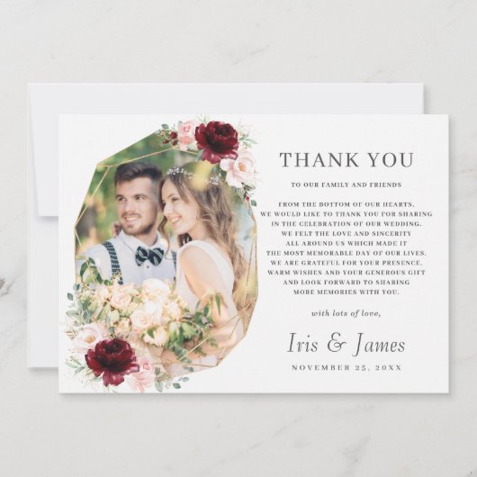 Burgundy Blush Geometic Foto Wedding Dankeskarte (Vorderseite)