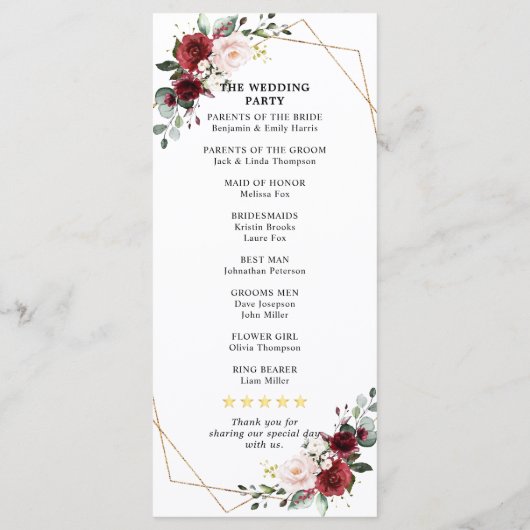 Burgundy Blush Geometric Wedding Reception Programm (Rückseite)