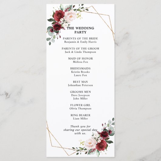Burgundy Blush Geometric Wedding Reception Programm (Rückseite)