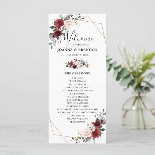 Burgundy Blush Geometric Wedding Reception Programm (Stehend Vorderseite)