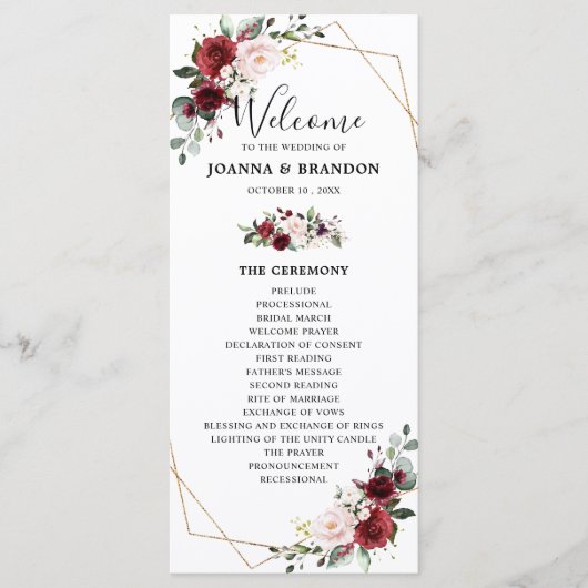 Burgundy Blush Geometric Wedding Reception Programm (Vorderseite)