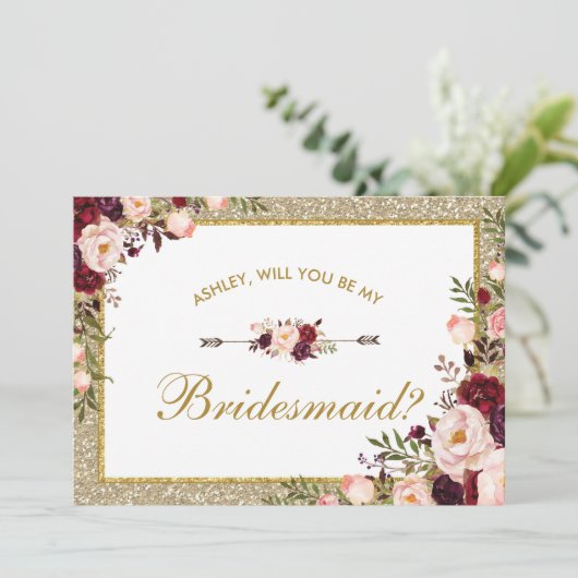 Burgundy Blush Glitzer Bridesmaid Card Einladung (Stehend Vorderseite)