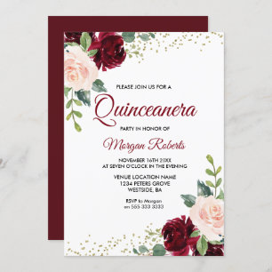Burgundy Blush Glitzer Floral Quinceanera Einladung
