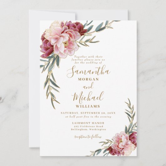 Burgundy Blush Gold Blumengrün Hochzeit Einladung (Vorderseite)
