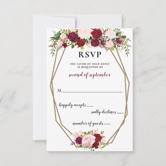 Burgundy Blush Gold Floral Monogram Wedding rsvp (Vorderseite)