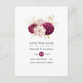 Burgundy Blush & Gold Floral Wedding Save the Date Ankündigungspostkarte