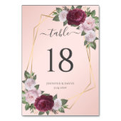 Burgundy Blush Gold Floral Wedding Tischnummer (Rückseite)