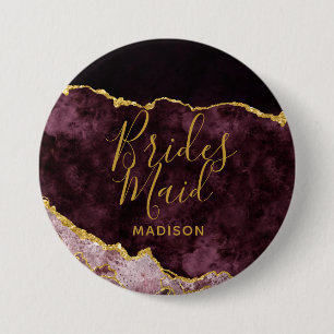 Burgundy Blush Gold Fog Agate Marble Bridesmaid Button