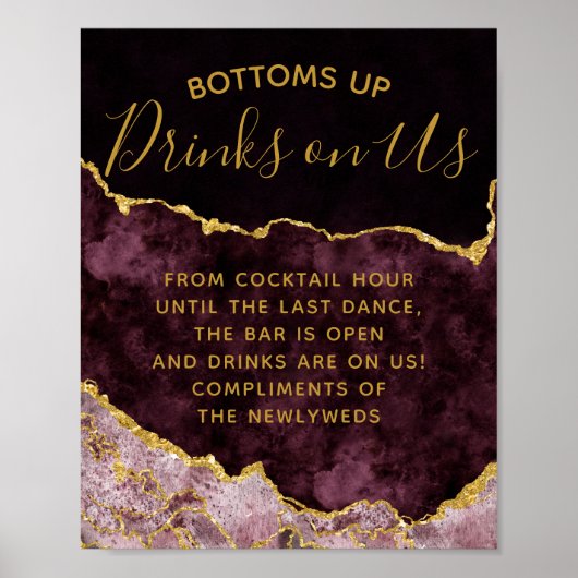 Burgundy Blush Gold Foil Agate Open Bar Table Sign Poster (Vorne)
