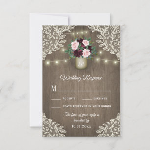 Burgundy Blush Gold Mason Jar Wedding RSVP Cards Karte