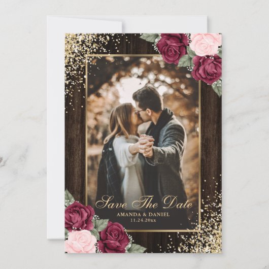 Burgundy Blush Gold Wood Floral Wedding Foto Save The Date (Vorderseite)