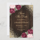 Burgundy Blush Gold Wood Floral Wedding Foto Save The Date (Rückseite)