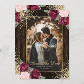 Burgundy Blush Gold Wood Floral Wedding Foto Save The Date (Vorne/Hinten)