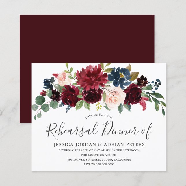 Burgundy Blush Hochzeitsessen Probe Einladung (Vorne/Hinten)