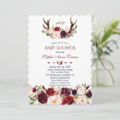Burgundy Blush Marsala Floral Antlers Babydusche Einladung (Stehend Vorderseite)