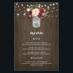 Burgundy Blush Mason Jar Rustic Wedding Menu Cards<br><div class="desc">Das Design zeichnet sich durch einen rustikalen Kornhintergrund aus Aquarellholz aus,  der oben mit Tinkle-Saitenleuchten versehen ist. Das Design besticht durch eine wunderschöne,  mit Bordeaux,  Rot,  Pflaume und Blütenblättern und Rose mit eukalyptus-botanischem Grün. Ändern Sie die Demo-Initialen in Ihre eigenen.</div>