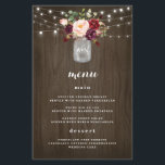 Burgundy Blush Mason Jar Rustic Wedding Menu Cards<br><div class="desc">Das Design zeichnet sich durch einen rustikalen Kornhintergrund aus Aquarellholz aus,  der oben mit Tinkle-Saitenleuchten versehen ist. Das Design besticht durch eine wunderschöne,  mit Bordeaux,  Rot,  Pflaume und Blütenblättern und Rose mit eukalyptus-botanischem Grün. Ändern Sie die Demo-Initialen in Ihre eigenen.</div>