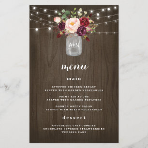 Burgundy Blush Mason Jar Rustic Wedding Menu Cards