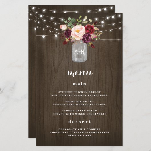 Burgundy Blush Mason Jar Rustic Wedding Menu Cards (Vorne/Hinten)
