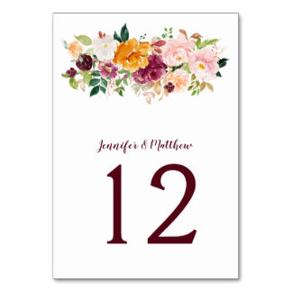 Burgundy Blush Mauve Saffron Floral Bouquet Tischnummer