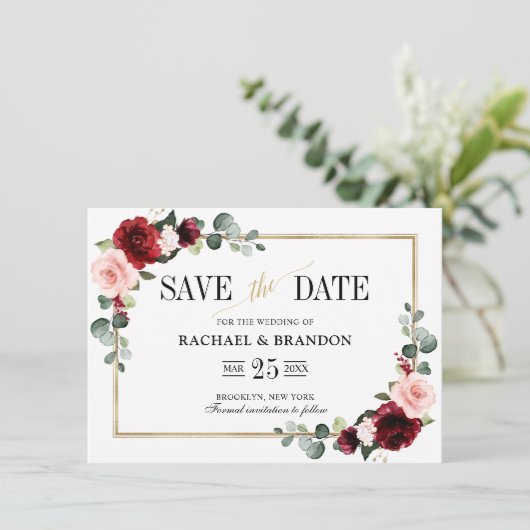 Burgundy Blush Modern Geometric Save the Date (Stehend Vorderseite)