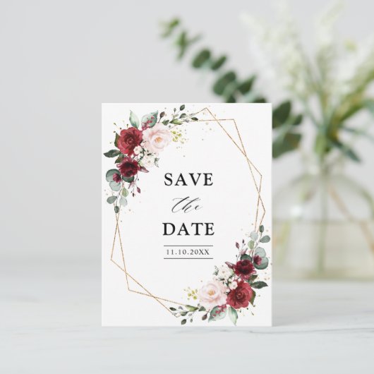 Burgundy Blush Modern Geometric Save the Date Postkarte (Stehend Vorderseite)