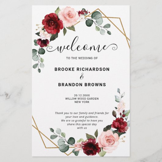 Burgundy Blush Modern Geometric Wedding Program (Vorderseite)