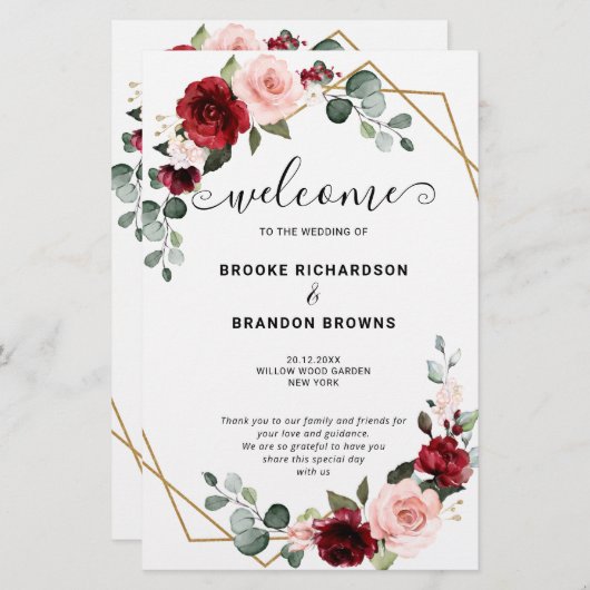 Burgundy Blush Modern Geometric Wedding Program (Vorne/Hinten)