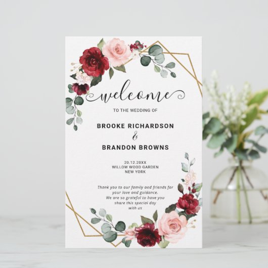 Burgundy Blush Modern Geometric Wedding Program (Stehend Vorderseite)