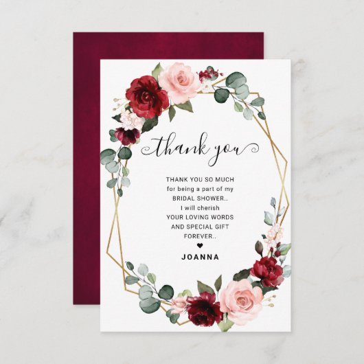 Burgundy Blush Modern Geometrisches Brautparty Dankeskarte (Vorne/Hinten)