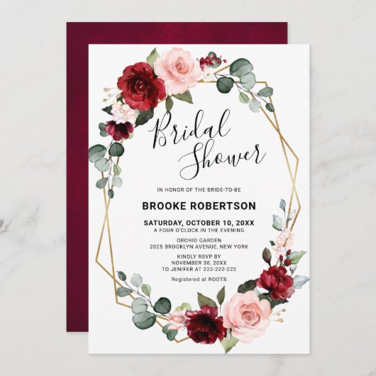 Burgundy Blush Modern Geometrisches Brautparty Einladung (Vorne/Hinten)