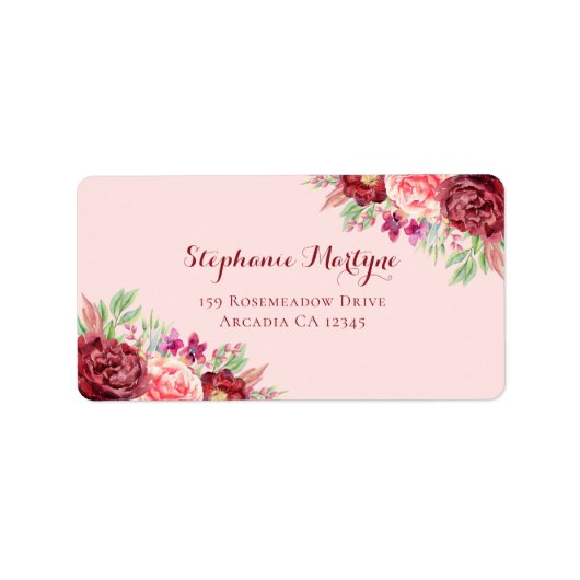 Burgundy Blush Moderne Aquarellblume Adressaufkleber (Vorne)