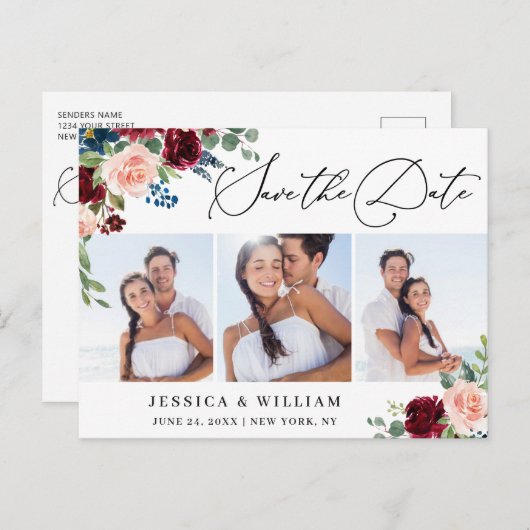 Burgundy Blush Navy 3 FOTO Hochzeit speichern das  Postkarte (Vorne/Hinten)