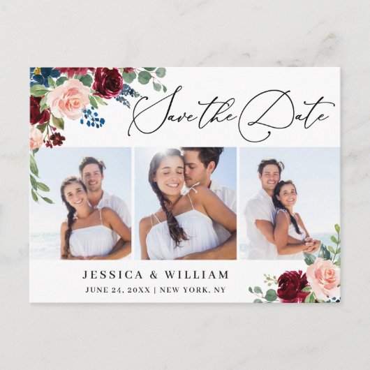 Burgundy Blush Navy 3 FOTO Hochzeit speichern das  Postkarte (Vorderseite)