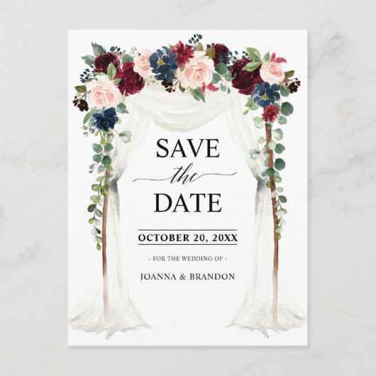 Burgundy Blush Navy Bloral Canopy Save the Date Postkarte (Vorderseite)