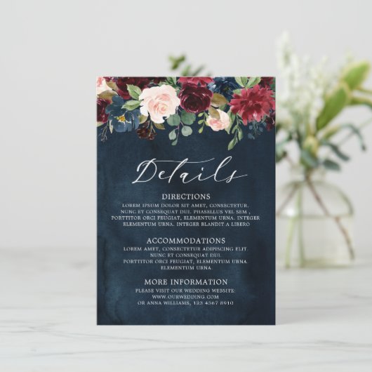 Burgundy Blush Navy Blue Botanical Floral Boho Begleitkarte (Stehend Vorderseite)