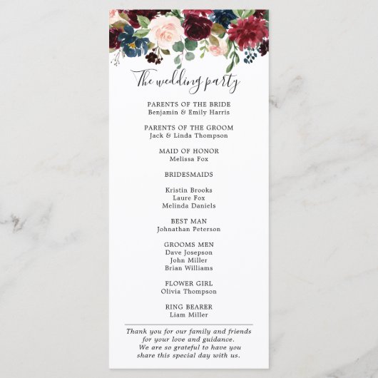 Burgundy Blush Navy Blue Botanical Floral Boho Programm (Rückseite)